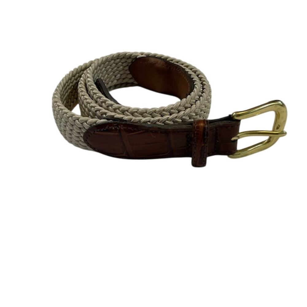 Brighton Stretch Beige Nylon Braided Tan Crock Embossed Belt